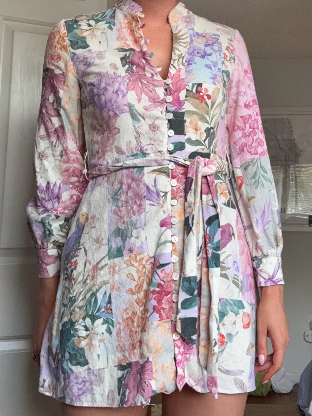 Zara Floral Patchwork Button-Front Mini Dress